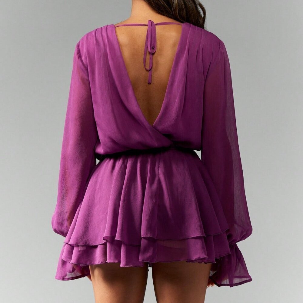 Purple Sexy Women's Long Sleeve Mini Chiffon Plunging Neckline Dress - Picture 2 of 5